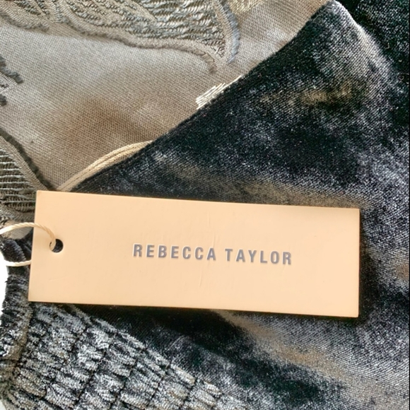 REBECCA TAYLOR Black Stretch Velvet Peplum Top Silk Silver Metallic Floral M 6 - Picture 7 of 10